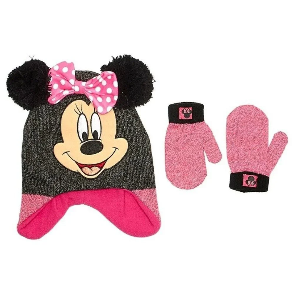 Disney Minnie Mouse Girls Double Pom Winter Hat Mittens Set Toddler OSFM 2T-4T